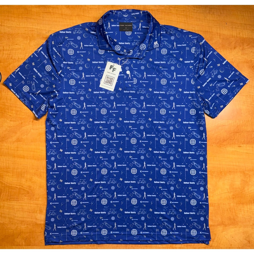 Fore Fathers Balfour Beatty Golf Polo Shirt Mens Medium Blue Novelty Print NWT